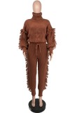 Brown Casual Solid Tassel Patchwork Turtleneck Long Sleeve Two Pieces