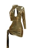 Gold Sexy Solid Hollowed Out Half A Turtleneck Irregular Dress Dresses
