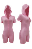 Pink Casual Solid Patchwork Buckle Hooded Collar Skinny Rompers