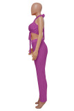 Rose Purple Sexy Solid Bandage Hollowed Out Patchwork Backless Fold Halter Sleeveless Two Pieces