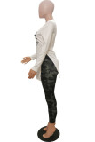 Khaki Casual Print Slit Letter O Neck Long Sleeve Two Pieces