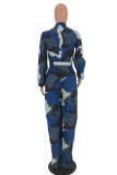 Macacão casual moda azul com estampa de camuflagem básica decote em V