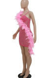 Pink Sexy Solid Patchwork Feathers Hot Drill Spaghetti Strap Sling Dress Dresses