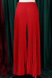 Rote, lässige, solide Patchwork-Faltenhose mit hoher Taille, gerade und einfarbig