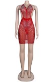 Red Sexy Patchwork Hot Drilling Bandage Backless Halter Sleeveless Dress Dresses