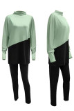 Black Green Casual Solid Patchwork Slit O Neck Plus Size Two Pieces