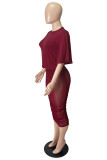 Бордовый сексуальный сплошной лоскутное прозрачное платье с круглым вырезом и короткими рукавами из двух частей