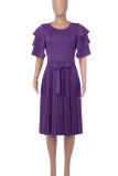 Purple Casual Solid Bandage Patchwork Fold O Neck A Line Dresses