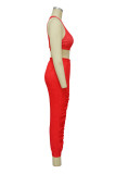 Abbigliamento sportivo casual rosso solido patchwork piega o collo senza maniche due pezzi
