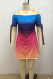 Vestidos de vestido de manga curta com estampa casual colorida moda fora do ombro