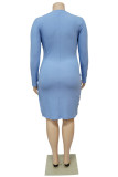 Light Blue Casual Solid Patchwork Frenulum O Neck Long Sleeve Plus Size Dresses