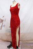 Rotes sexy elegantes solides Quasten-Pailletten-Patchwork-Schlitz-U-Ausschnitt-Abend-Kleid-Kleider