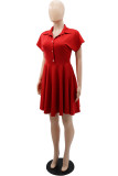 Red Casual Solid Patchwork Turndown Collar Short Sleeve Dress