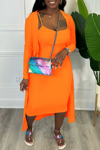 Orange Casual Solid Patchwork O Neck Long Sleeve Two Pieces