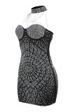 Black Sexy Patchwork Hot Drilling Backless Halter Sleeveless Dress Dresses