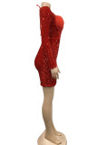 赤いセクシーなパッチワーク包帯スパンコール V ネック長袖ドレス