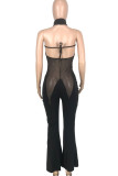 Black Sexy Solid Patchwork See-through Backless Halter Boot Cut Jumpsuits