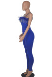 Blue Sexy Solid Tassel Patchwork Feathers Spaghetti Strap Skinny Jumpsuits