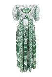 Зеленое длинное платье с открытыми плечами в стиле пэчворк в стиле кэжуал (без пояса)