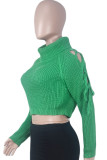 Green Casual Solid Bandage Hollowed Out Patchwork Turtleneck Tops