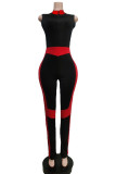 Rote lässige Sportswear Patchwork Basic Reißverschlusskragen Skinny Jumpsuits