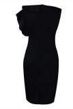 Black Casual Elegant Solid Flounce Zipper O Neck Wrapped Skirt Dresses