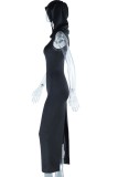 Черное повседневное однотонное длинное платье с капюшоном и воротником с разрезом Платья