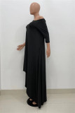 Zwarte mode effen asymmetrische schuine kraag lange jurken
