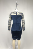 Navy Blue Casual Solid Patchwork See-through O Neck Long Sleeve Dresses