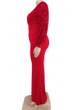 Rode elegante effen patchwork pailletten O-hals lange mouwen grote maten jurken