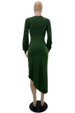 Green Casual Solid Patchwork Fold V Neck Long Sleeve Dresses