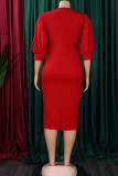 Red Casual Solid Patchwork O Neck One Step Skirt Dresses