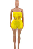 Yellow Sexy Solid Tassel Patchwork Strapless Sleeveless Two Pieces