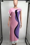 Roze Casual Print Split Basic O-hals Lange jurkjurken
