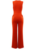 Tangerine Red Elegant Solid Hollowed Out Patchwork Buttons O Neck Straight Jumpsuits