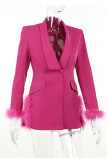 Rose Red Party Solid Patchwork Feathers Turn-back Collar Outerwear