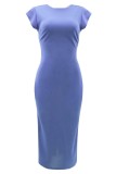 Black Casual Solid Patchwork Slit O Neck One Step Skirt Short Sleeve Dress