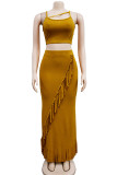 Brown Sexy Casual Solid Tassel Patchwork Backless Spaghetti Strap Sleeveless Two Pieces