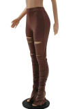 Dark Brown Casual Solid Hollowed Out Slit Skinny High Waist Conventional Solid Color Trousers