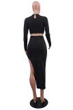 Black Fashion Casual Solid Hollowed Out O Neck Long Sleeve Irregular Dress