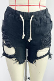Hellblaue, zerrissene Patchwork-Jeansshorts mit Street-Print und hoher Taille