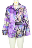 Blue Fashion Casual Print Patchwork Buckle Turndown Collar Long Sleeve Two Pieces