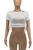 White Casual Solid Hollowed Out Patchwork Draw String O Neck T-Shirts