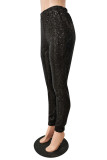 Black Sexy Solid Sequins Mid Waist Pencil Bottoms