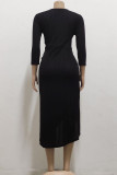 Zwart casual effen patchwork asymmetrische O-hals rechte jurken