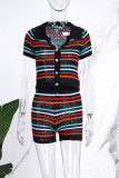 Blanc Sweet Street Striped Patchwork Buckle Contrast Turndown Collar Short Sleeve Two Pieces Blanc