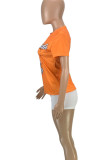 Mandarinenrote, lässige Patchwork-T-Shirts mit O-Ausschnitt und Aufdruck