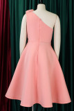 Розово-красные элегантные однотонные вечерние платья в стиле пэчворк с косым воротником
