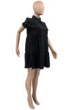 Schwarzes, modisches, lässiges, solides Basic-Kleid mit Umlegekragen und kurzen Ärmeln