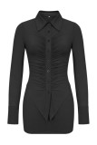 Black Casual Solid Fold Turndown Collar Long Sleeve Two Pieces
